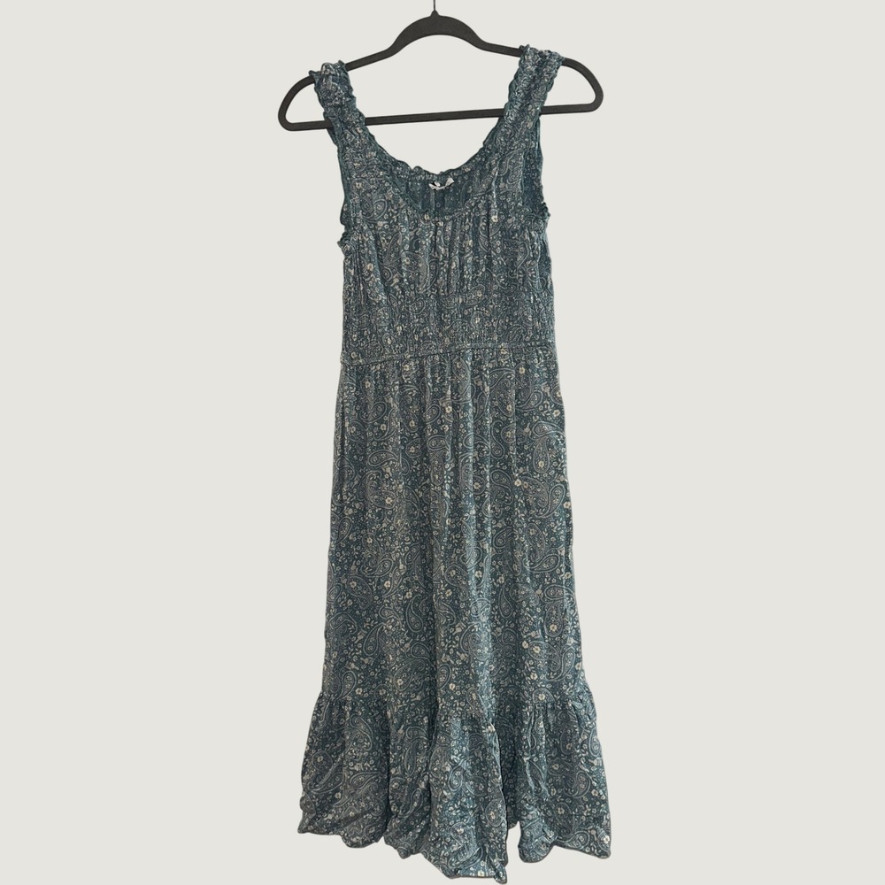 Patrons of Peace Anthropologie Teal Paisley Smocked Midi Dress Small Boho Floral
